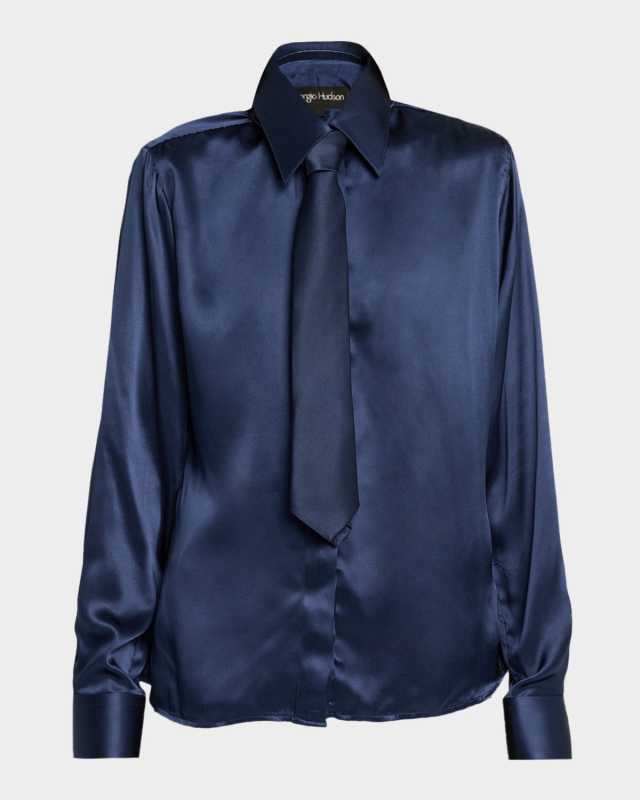 Neck-Tie Button-Front Blouse